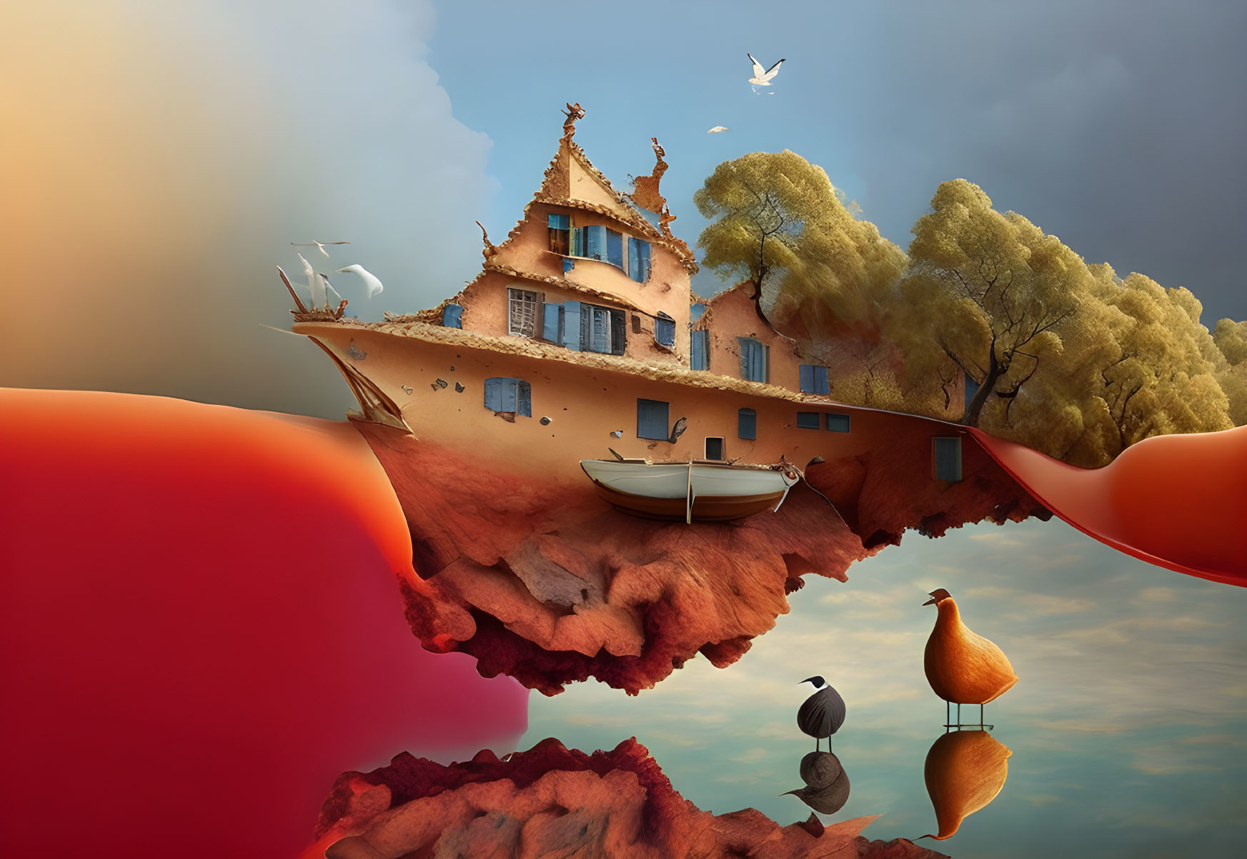 Floating Island with Orange House, Trees, Boat, and Birds in Surreal Scene