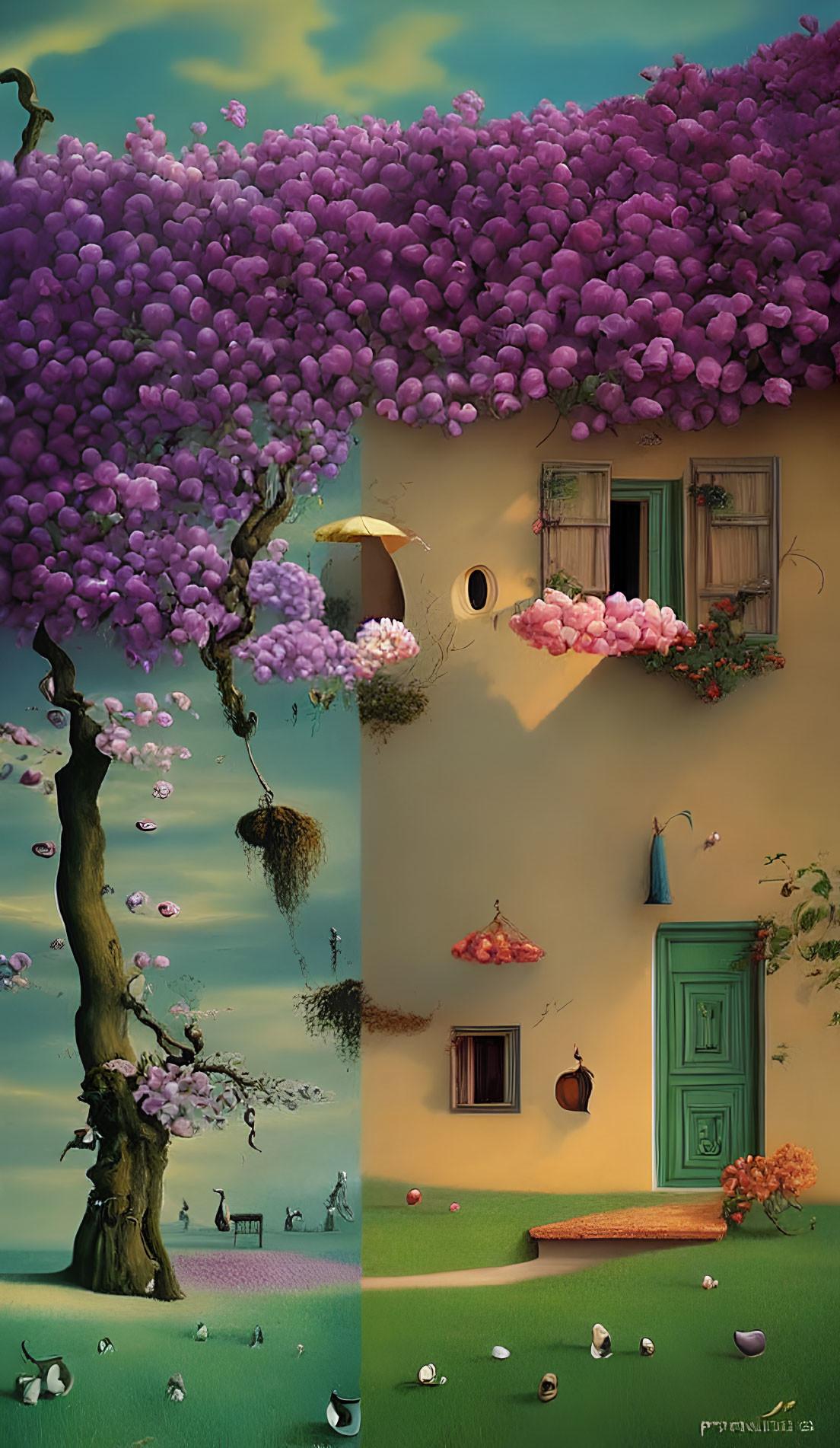 Whimsical artwork of tree with purple blooms and charming house