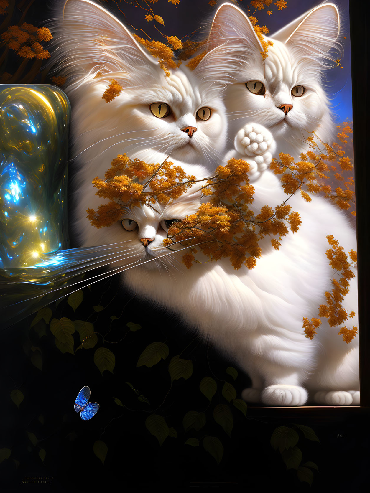 Fluffy white cats with amber eyes, orange flowers, blue butterfly, and sparkling vase