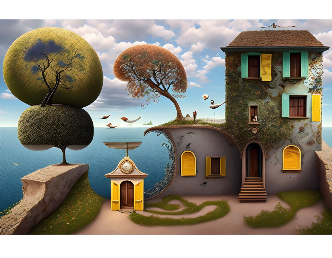 Surreal landscape with whimsical house, spherical trees, and birds in clear sky above calm sea