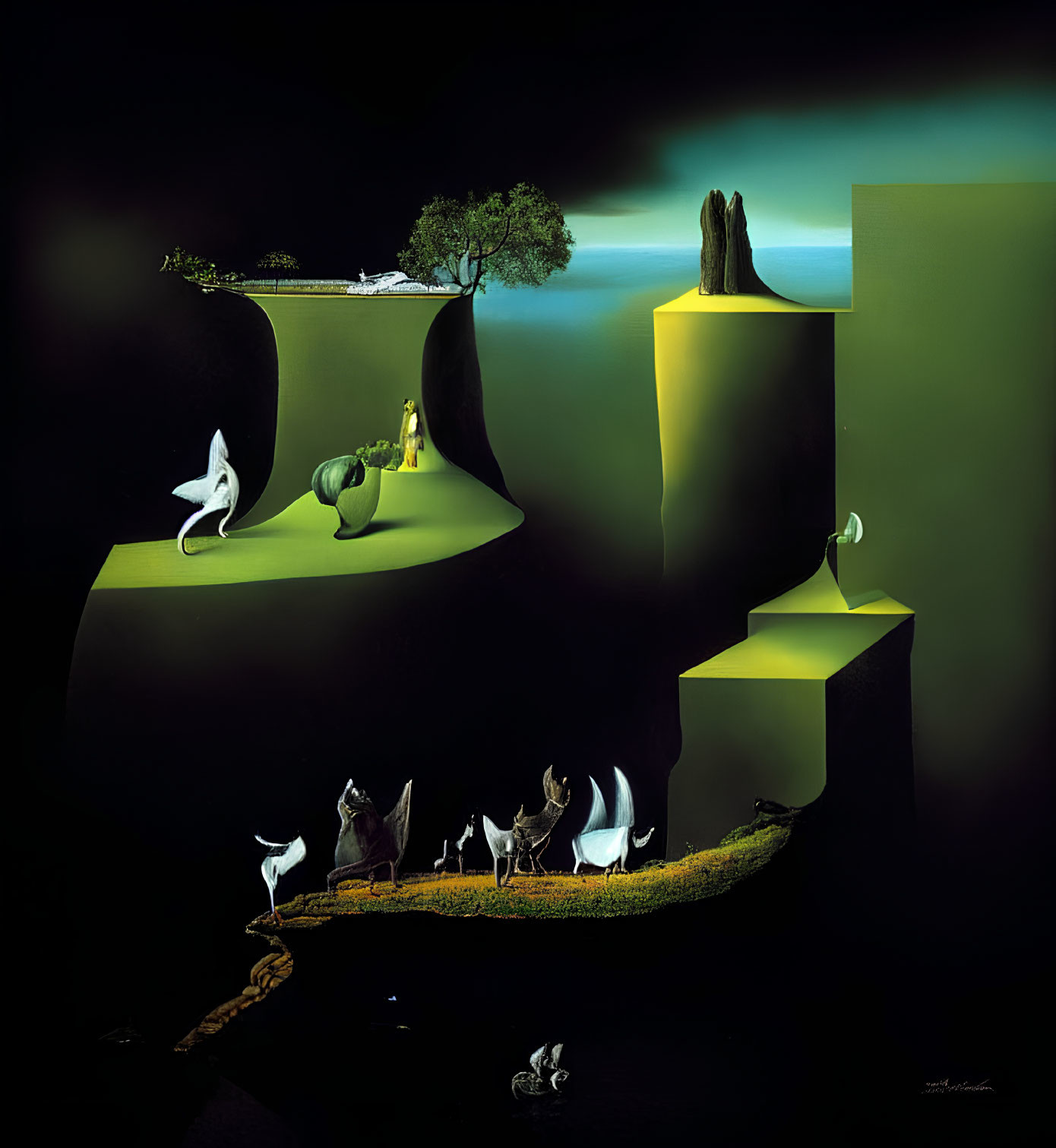 Surrealistic artwork with floating islands, anthropomorphic figures, and enigmatic shapes in a dark