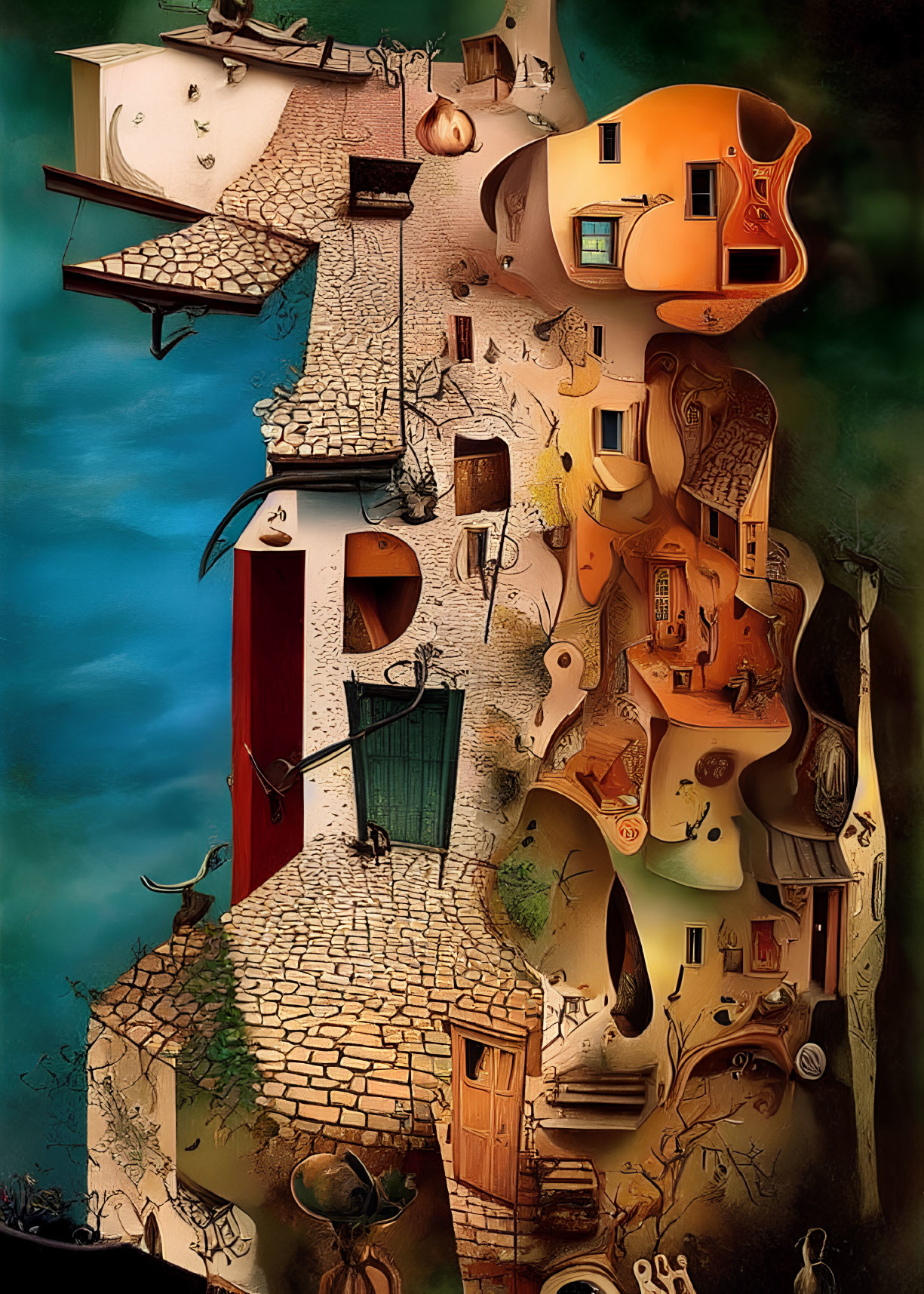 Whimsical vertical village painting with surreal architecture on teal background