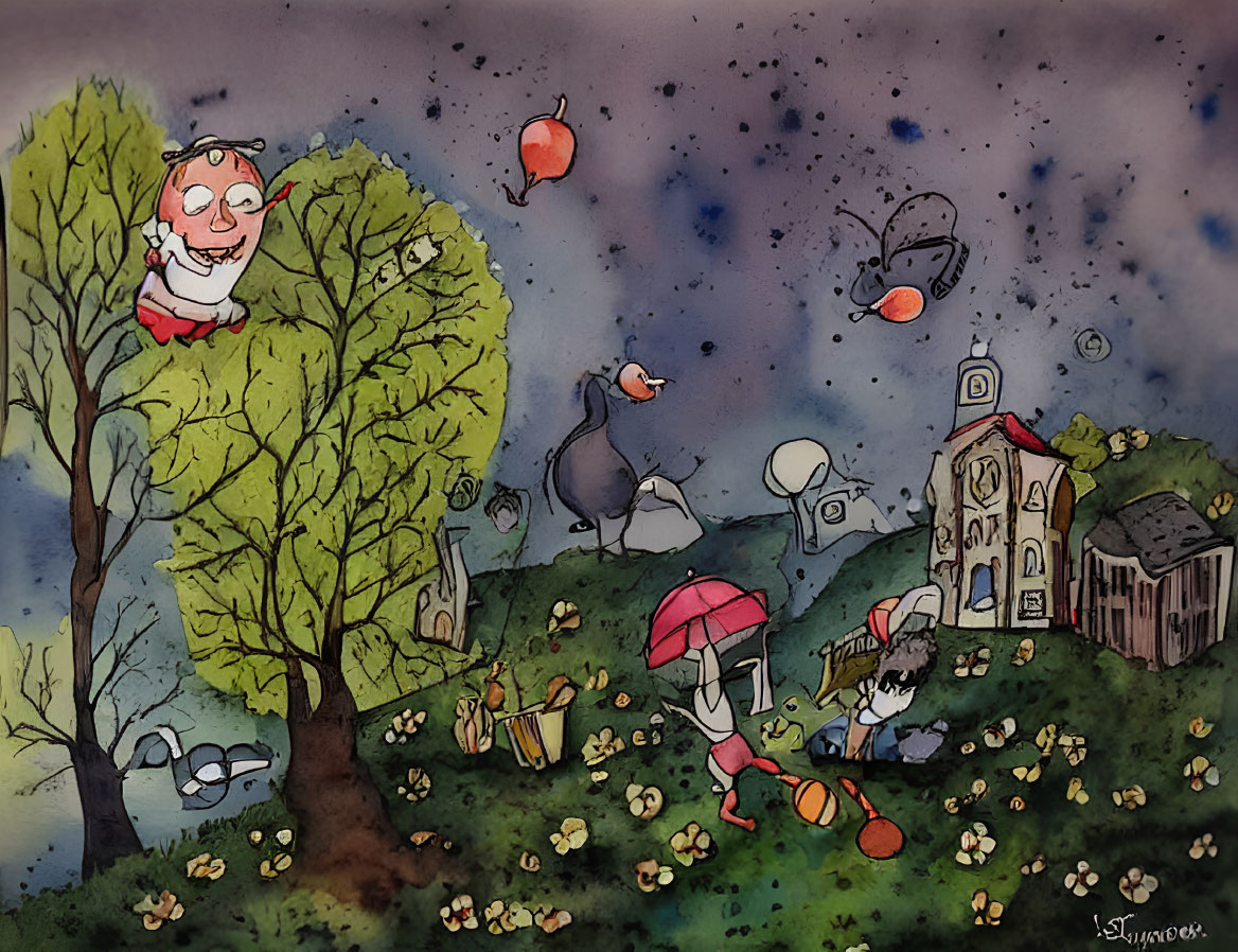 Whimsical watercolor painting of village at night with anthropomorphic creatures