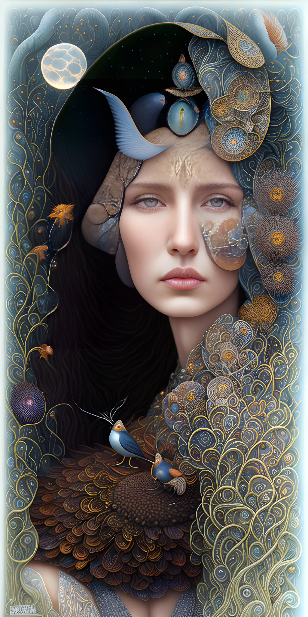 Dark-haired woman in surreal portrait with celestial patterns and mystical creatures.
