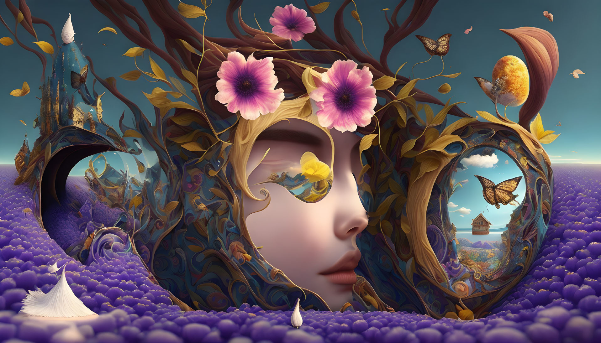 Surreal female face in fantasy landscape with flowers and butterflies
