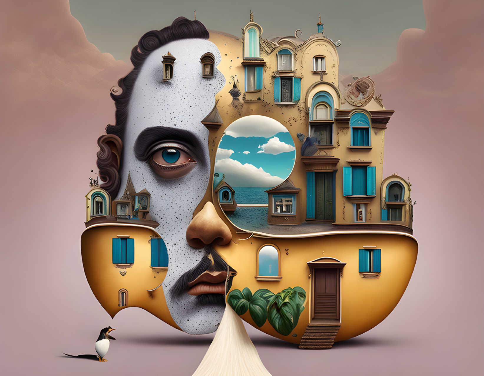 Surrealist artwork: Human face merges with architectural elements