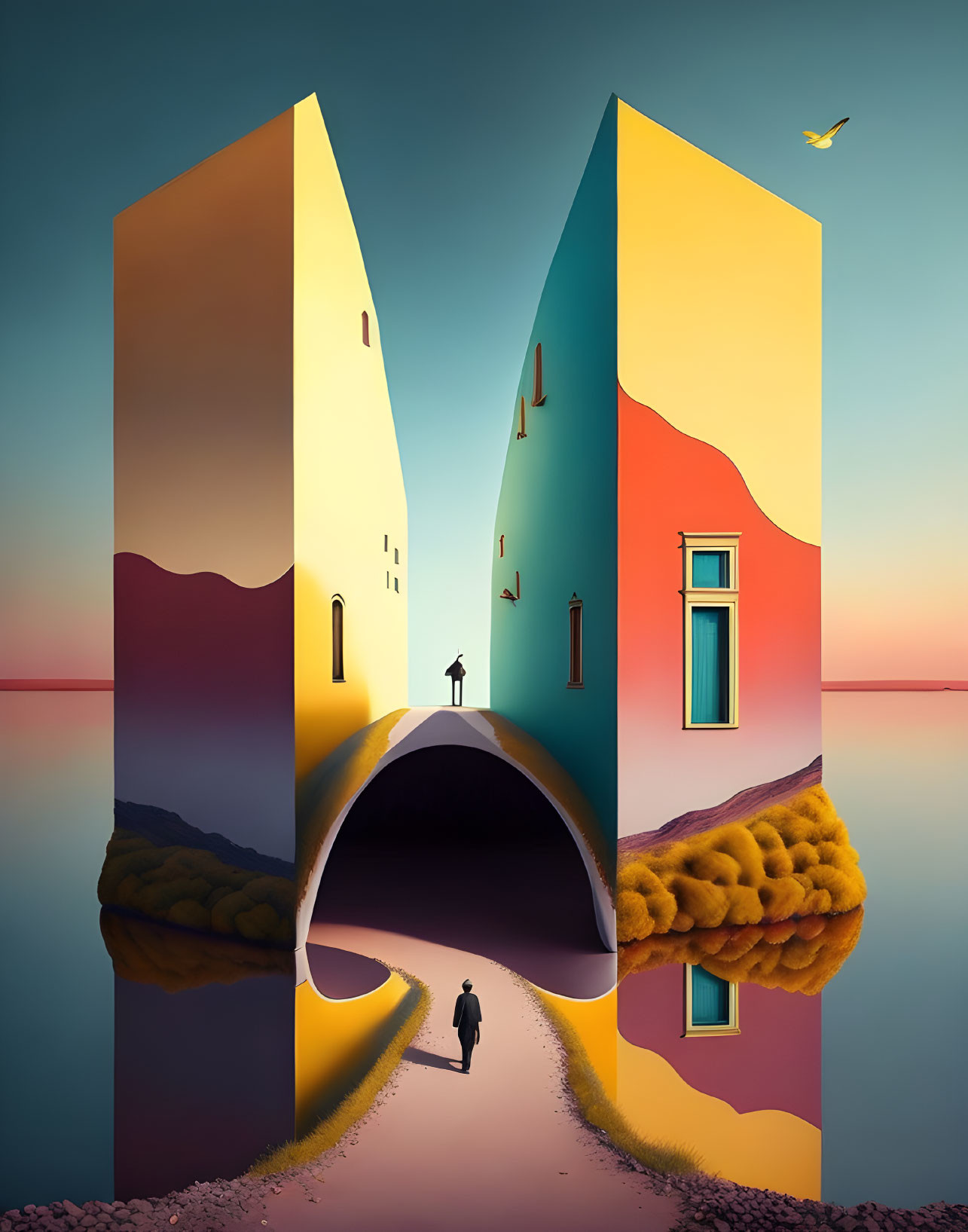 Colorful surreal artwork: buildings, archway, person, bird