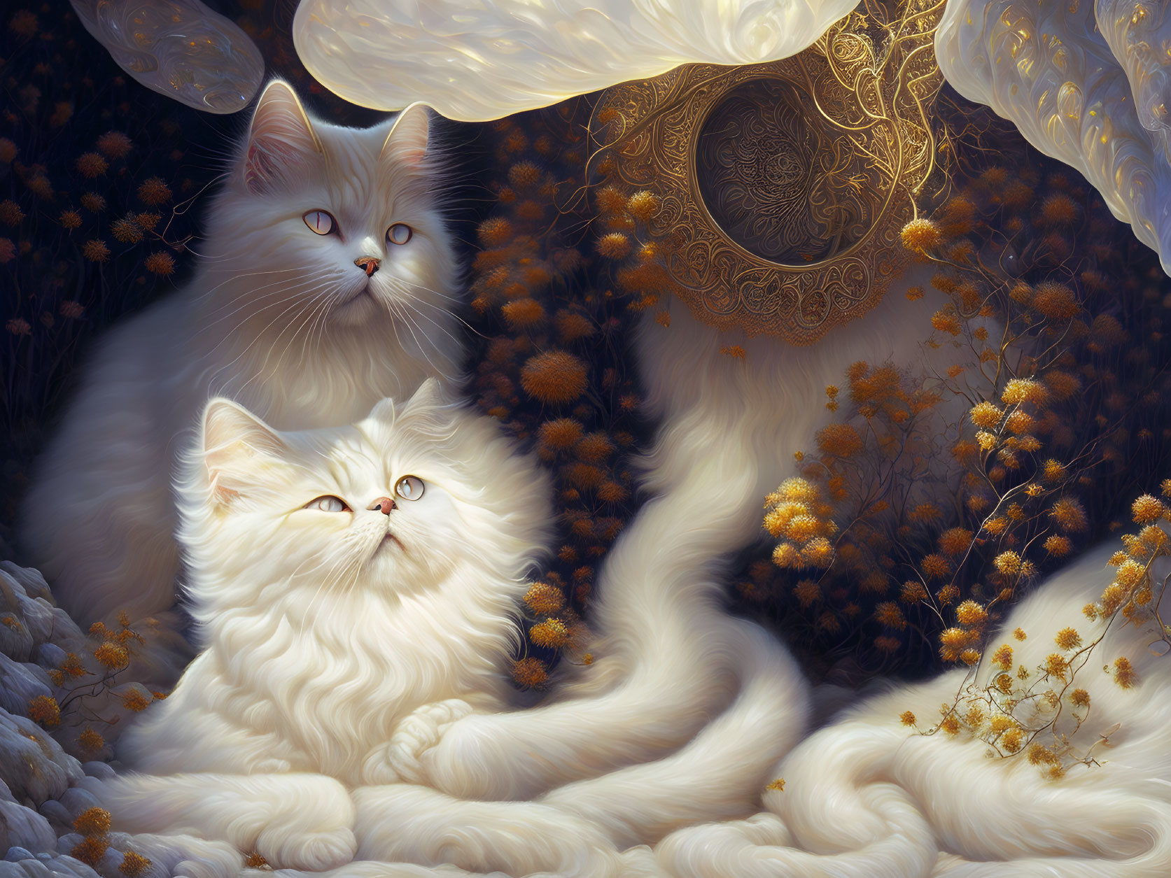 Two White Fluffy Cats Among Yellow Flowers and Golden Patterns in Mystical Setting