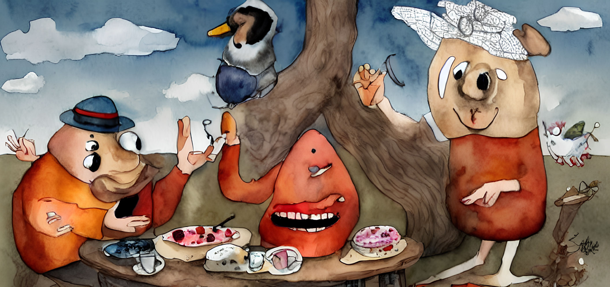 Anthropomorphic animals picnic with desserts under whimsical sky