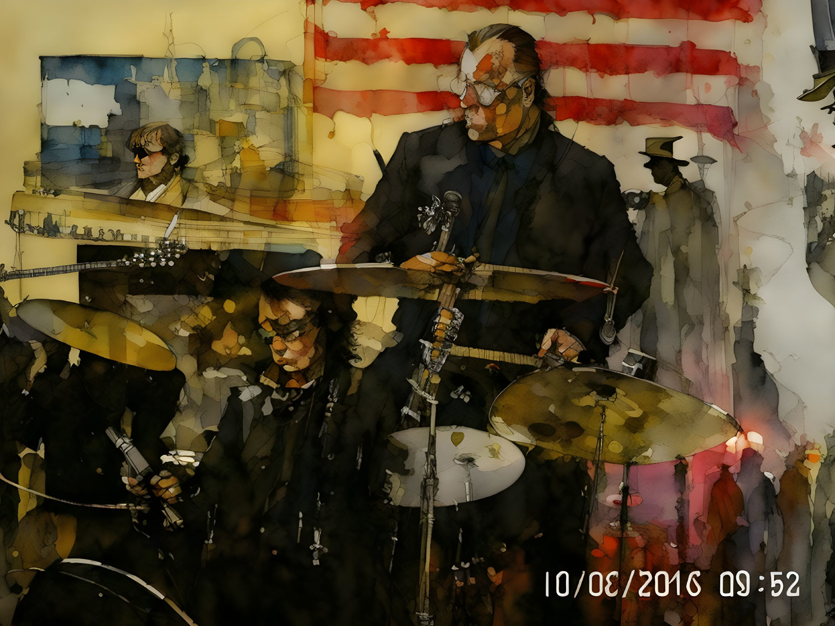 Vivid watercolor band painting with guitarist, drummer, and bassist