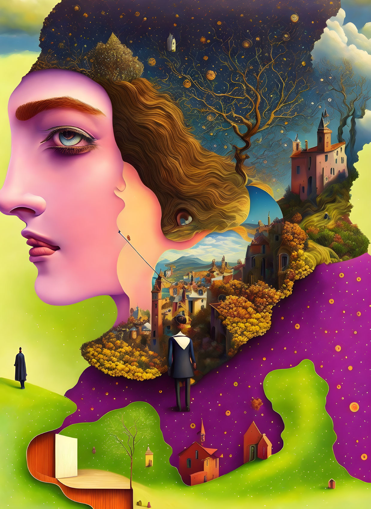 Surreal Woman's Profile Illustration with Landscape Fusion