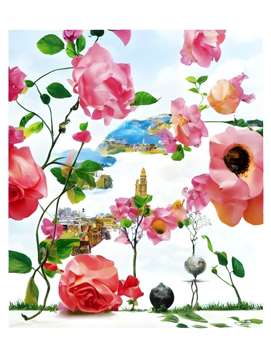 Vibrant Pink Roses Collage with Coastal Landscape and Planetary Spheres