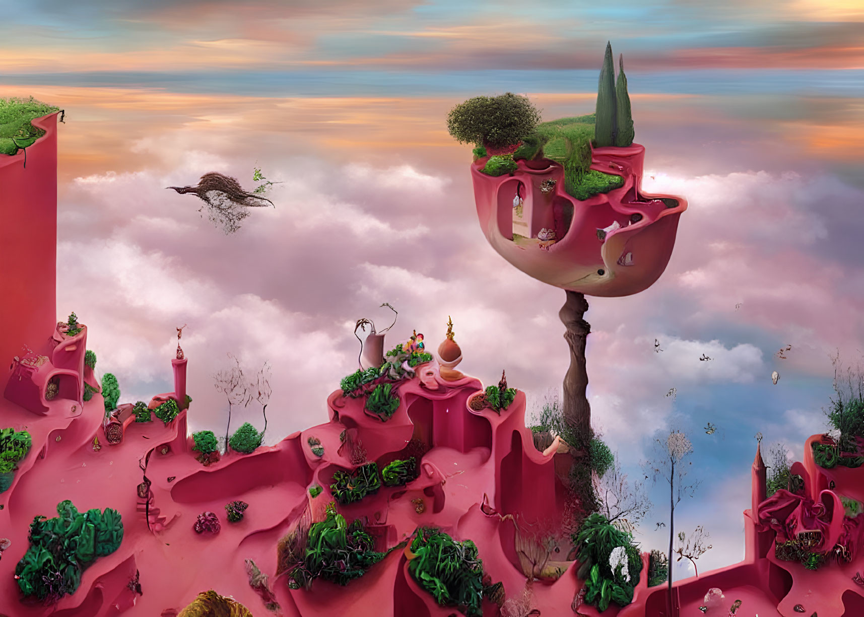 Fantasy surreal landscape with red terrain, floating islands, lush vegetation, and cloudy sky