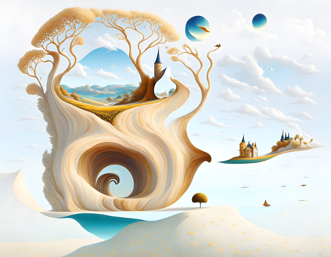 Surreal landscape with swirling tree-shaped structure, castle, floating islands, serene sky