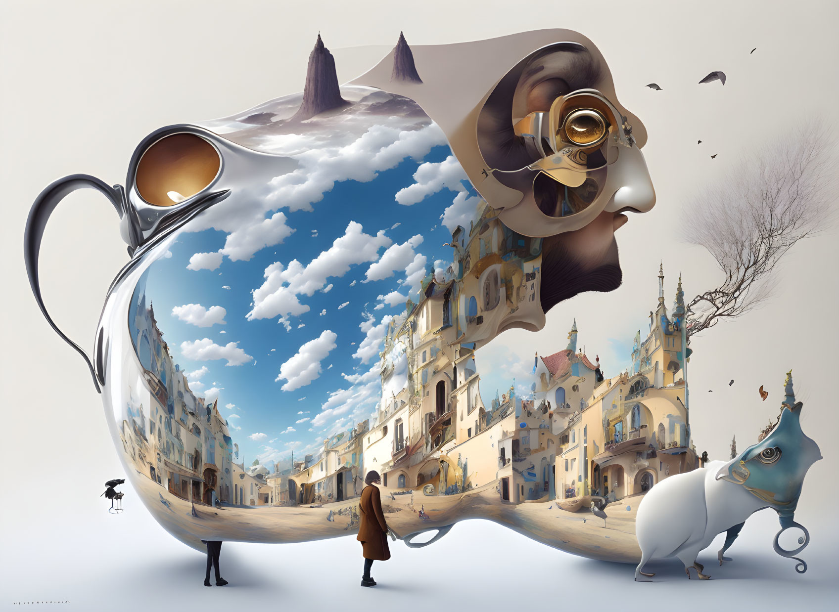 Surreal artwork: reflective animal structure, cityscape, figure, tree & birds