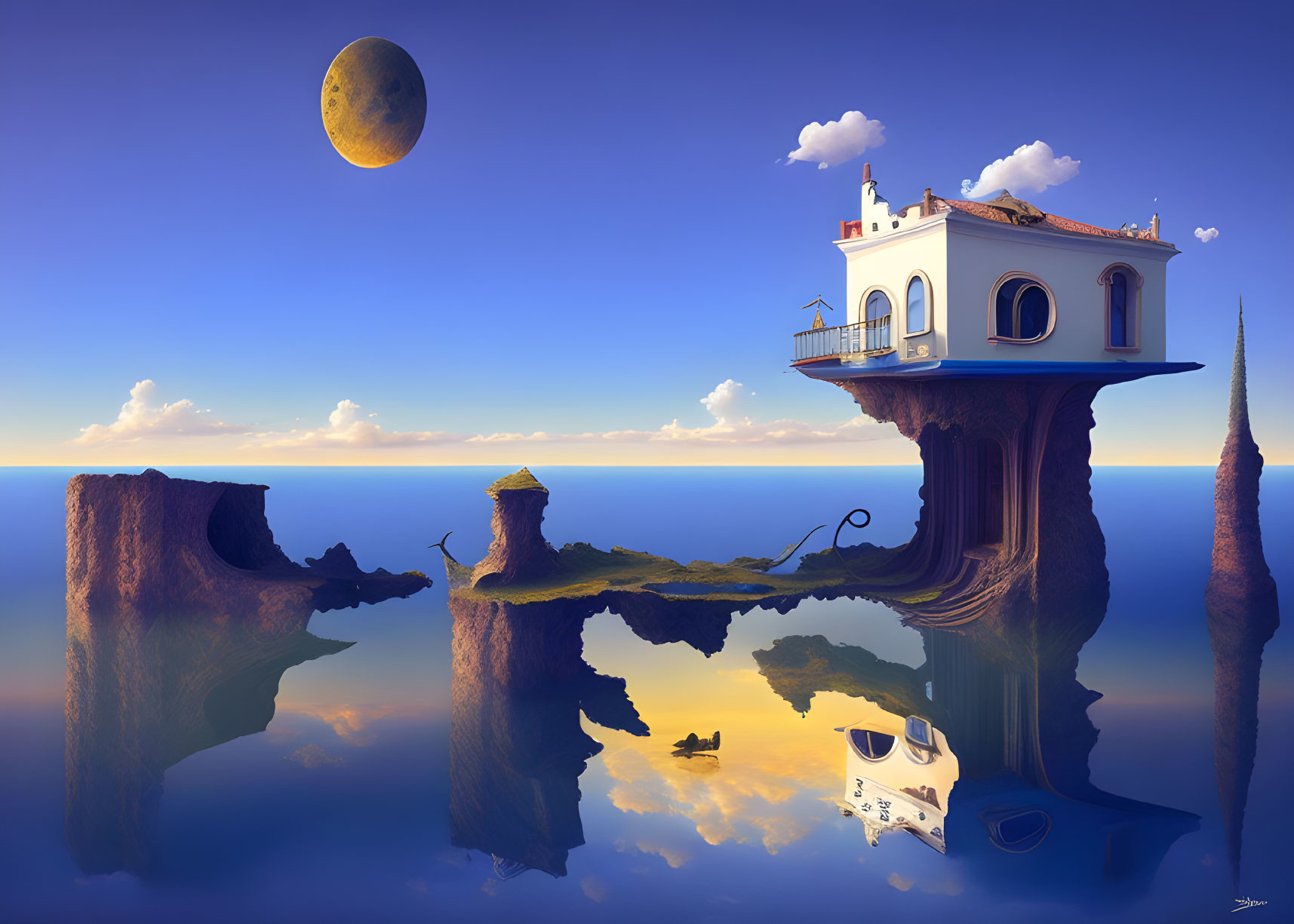 Surreal Mediterranean-style house on floating rock island with moon in sky