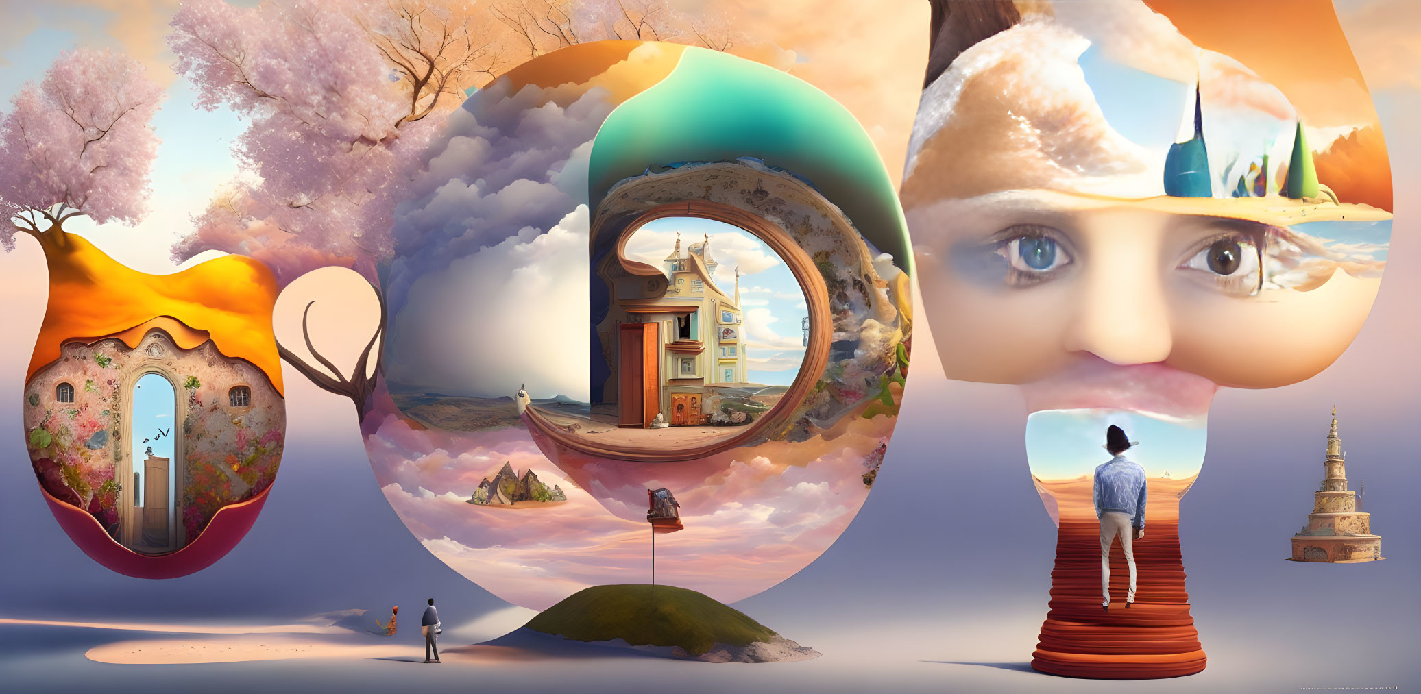 Surreal panoramic image of circular portals showcasing whimsical scenes