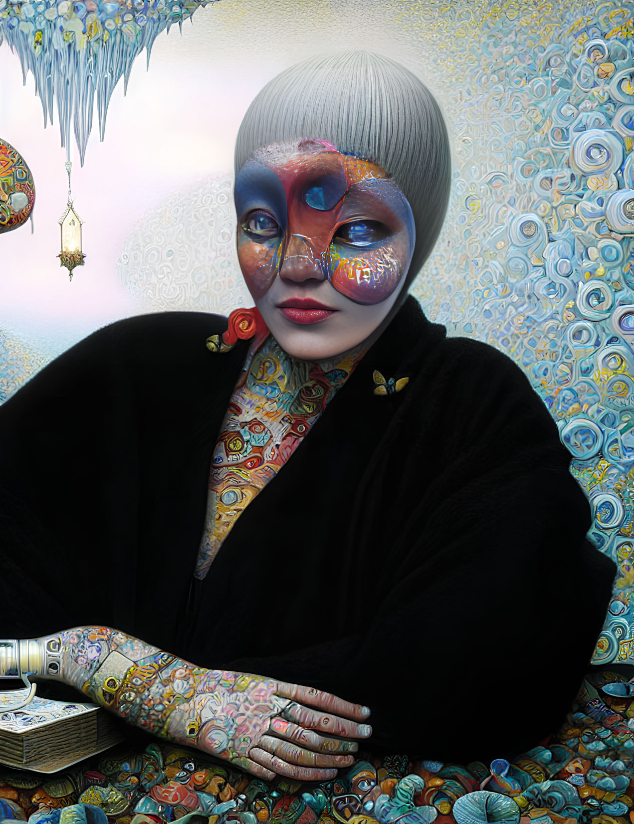 Vibrant face paint and tattooed arms in surreal setting with cards