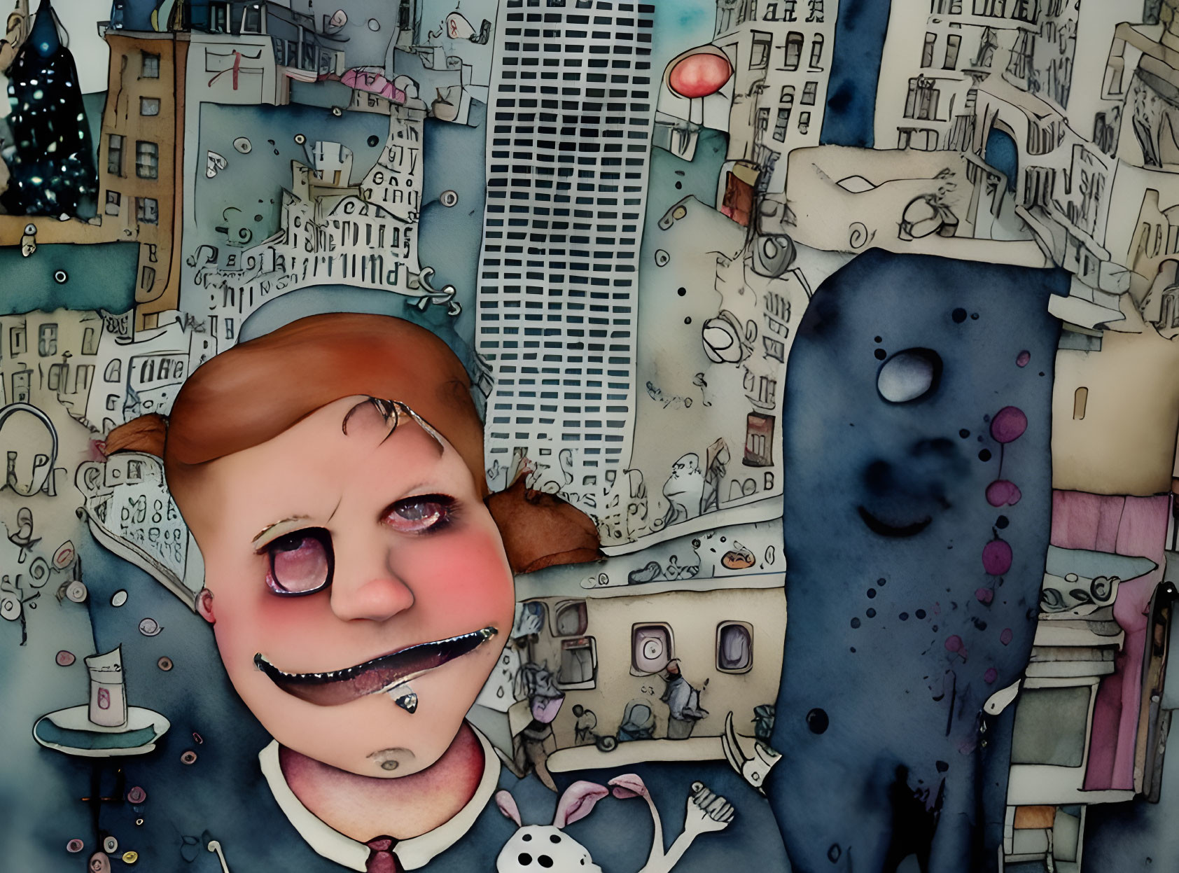 Whimsical illustration of a grinning character in chaotic cityscape