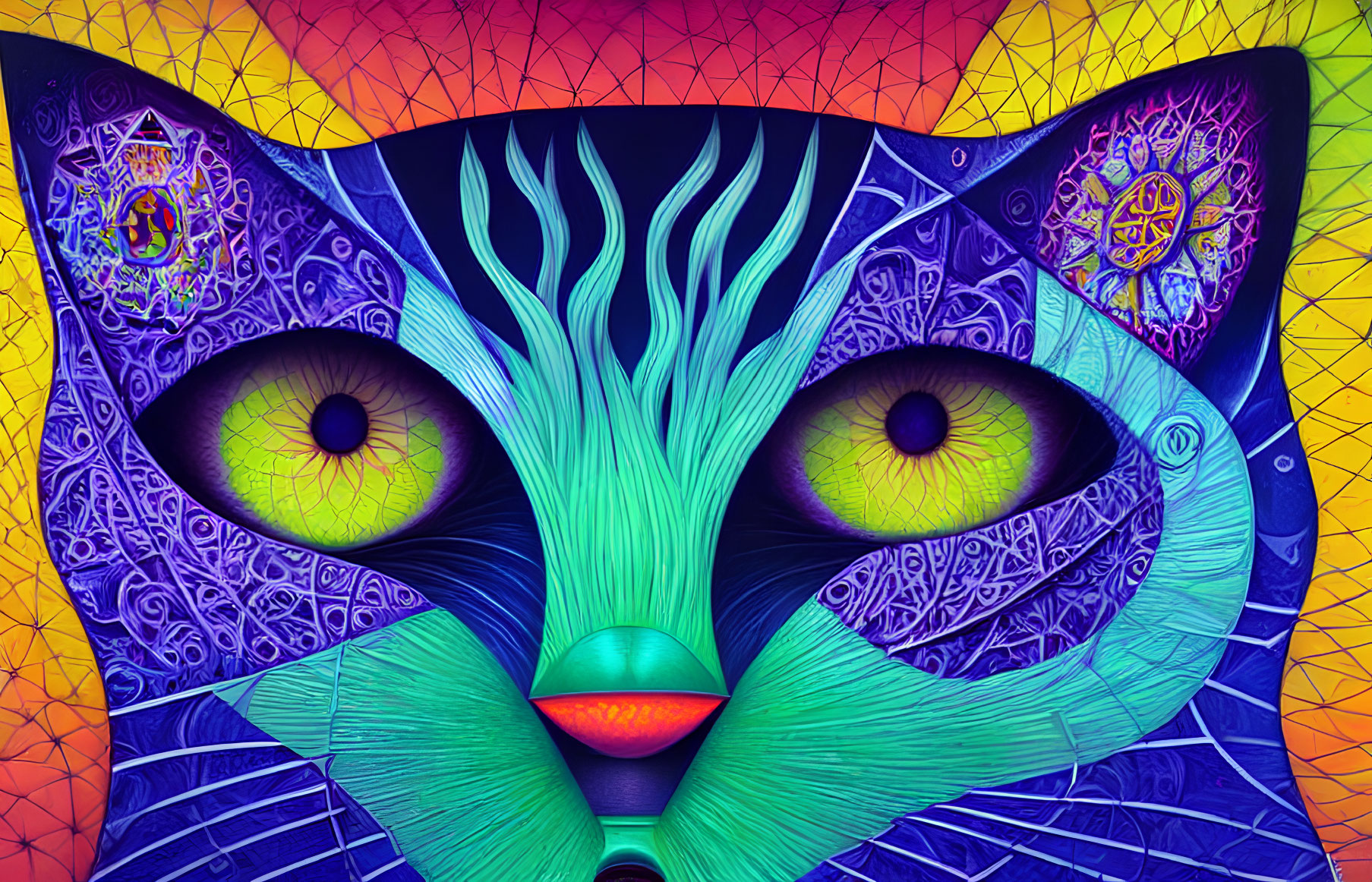 Colorful Psychedelic Cat Illustration with Geometric Background