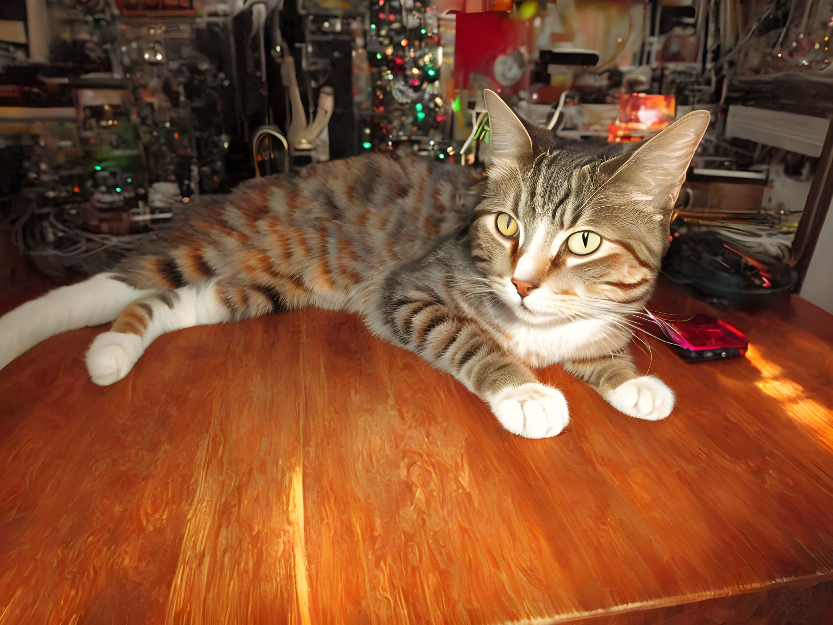 Tabby Cat with White Paws on Wooden Table with Christmas Lights Bokeh