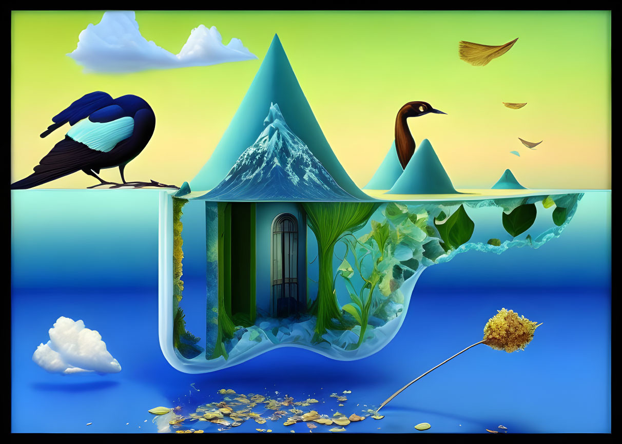 Surreal artwork: Floating island with mountain peaks, green ecosystem, birds, mirrored sky and sea