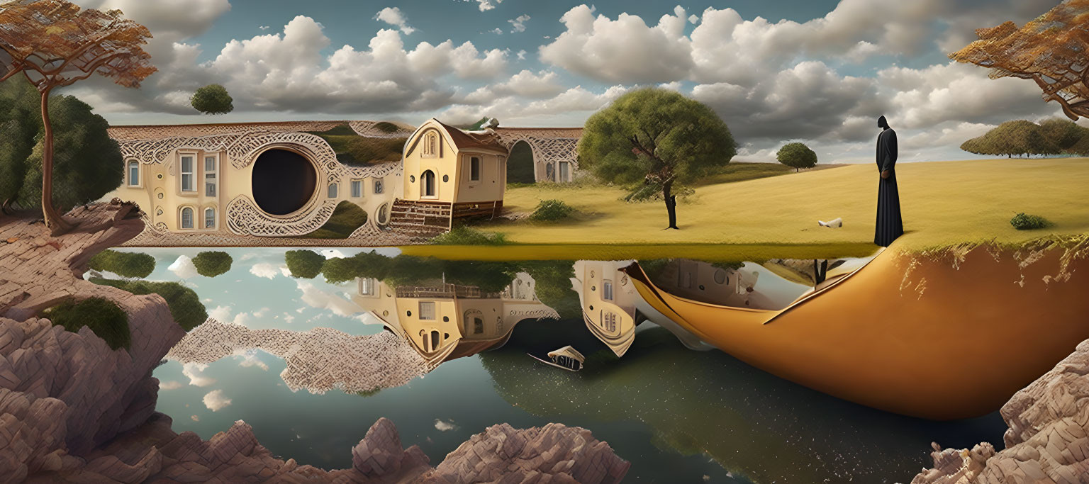 Surreal landscape with inverted boat, trees, and upside-down houses