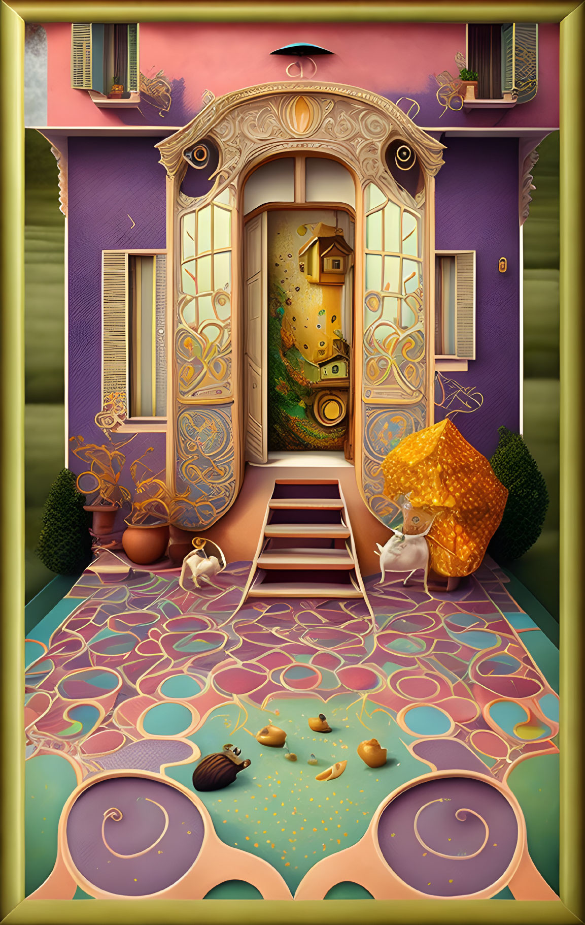 Colorful House Artwork with Floating Door and Dream-like Atmosphere