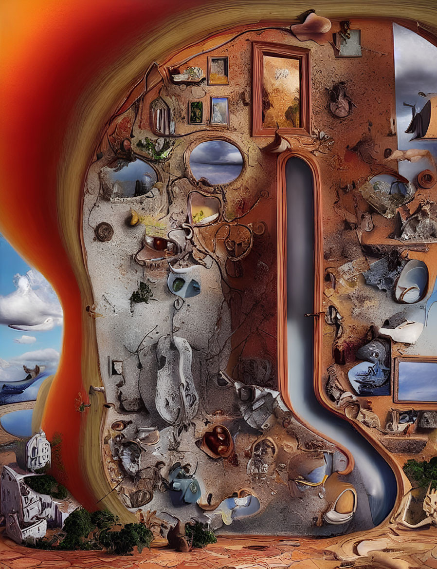Distorted room with melting objects and framed pictures in surrealistic artwork