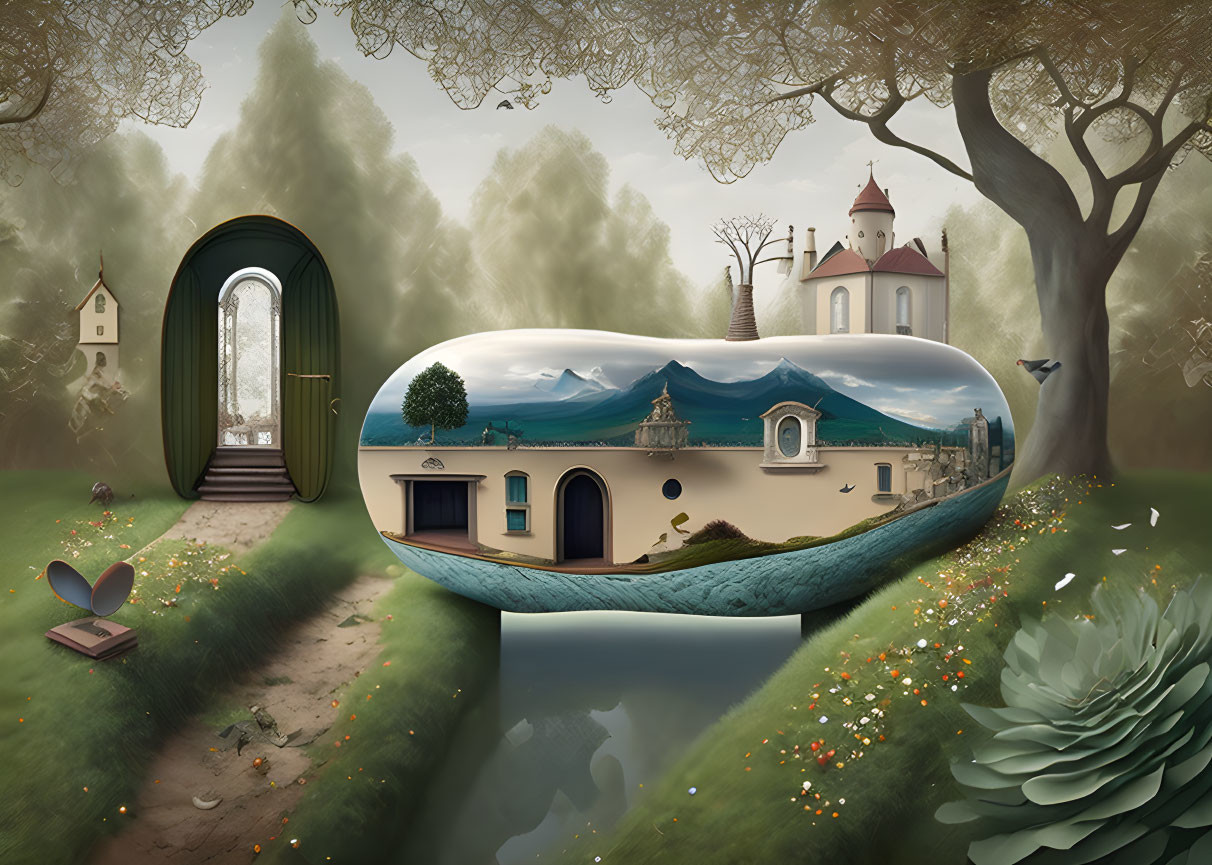 Surreal landscape featuring pill-shaped structure reflecting village scene, whimsical trees, and door to cloudy