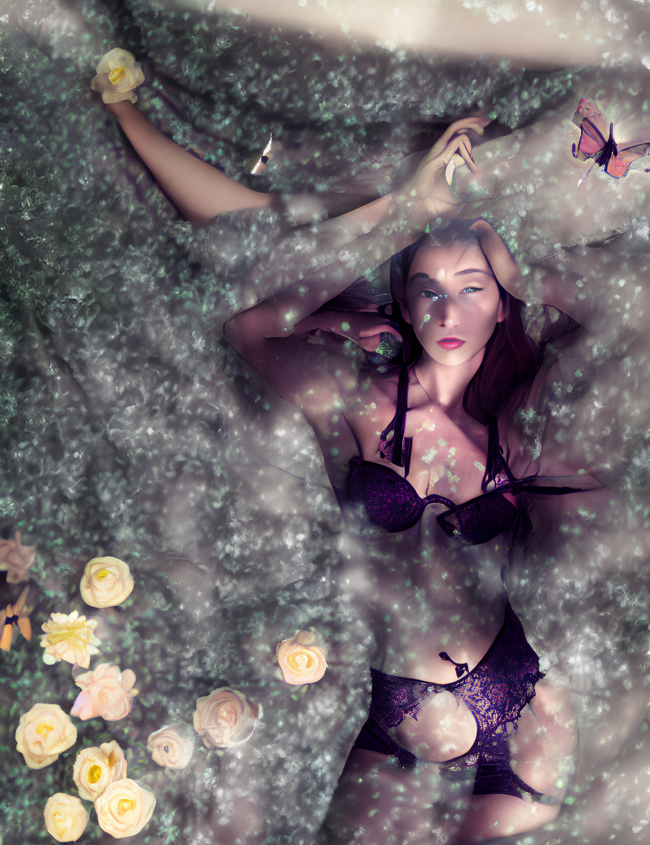 Woman in Dark Lingerie Surrounded by Flowers and Butterflies