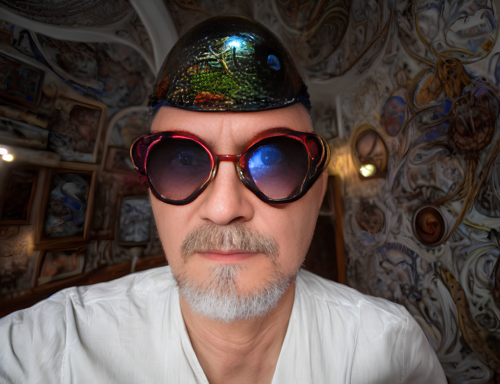 Man with Mustache in Reflective Dome Hat and Red Sunglasses Against Wall Patterns