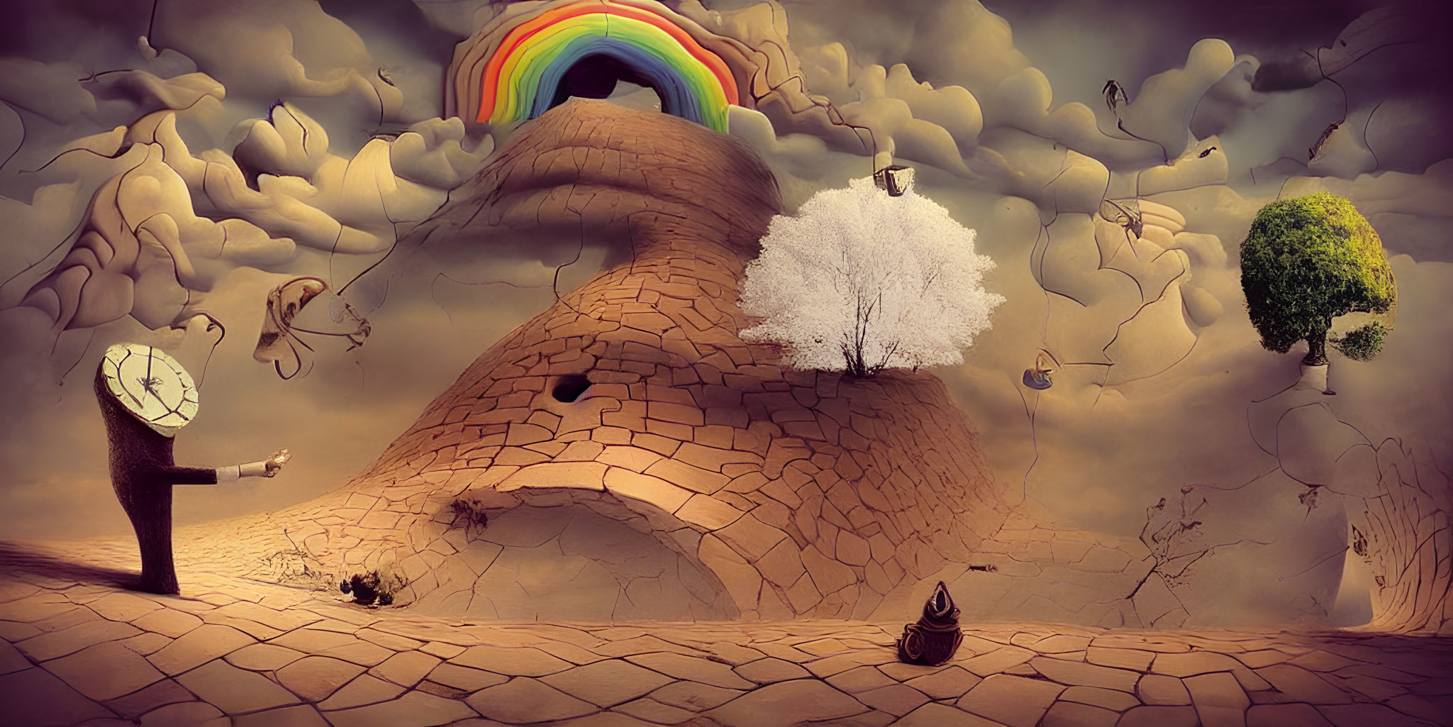 Twisted, cracking terrain with melting clock, rainbow, and whimsical elements