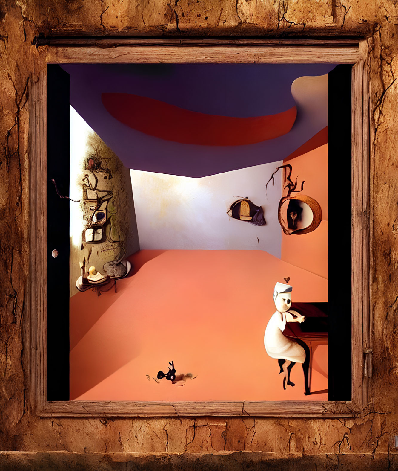 Abstract shapes and warm colors in surreal room with cat-like figure at piano