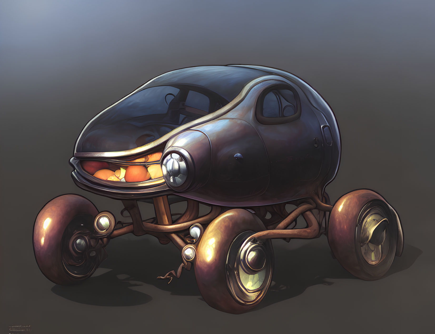 Futuristic egg-shaped vehicle with transparent canopy and large wheels