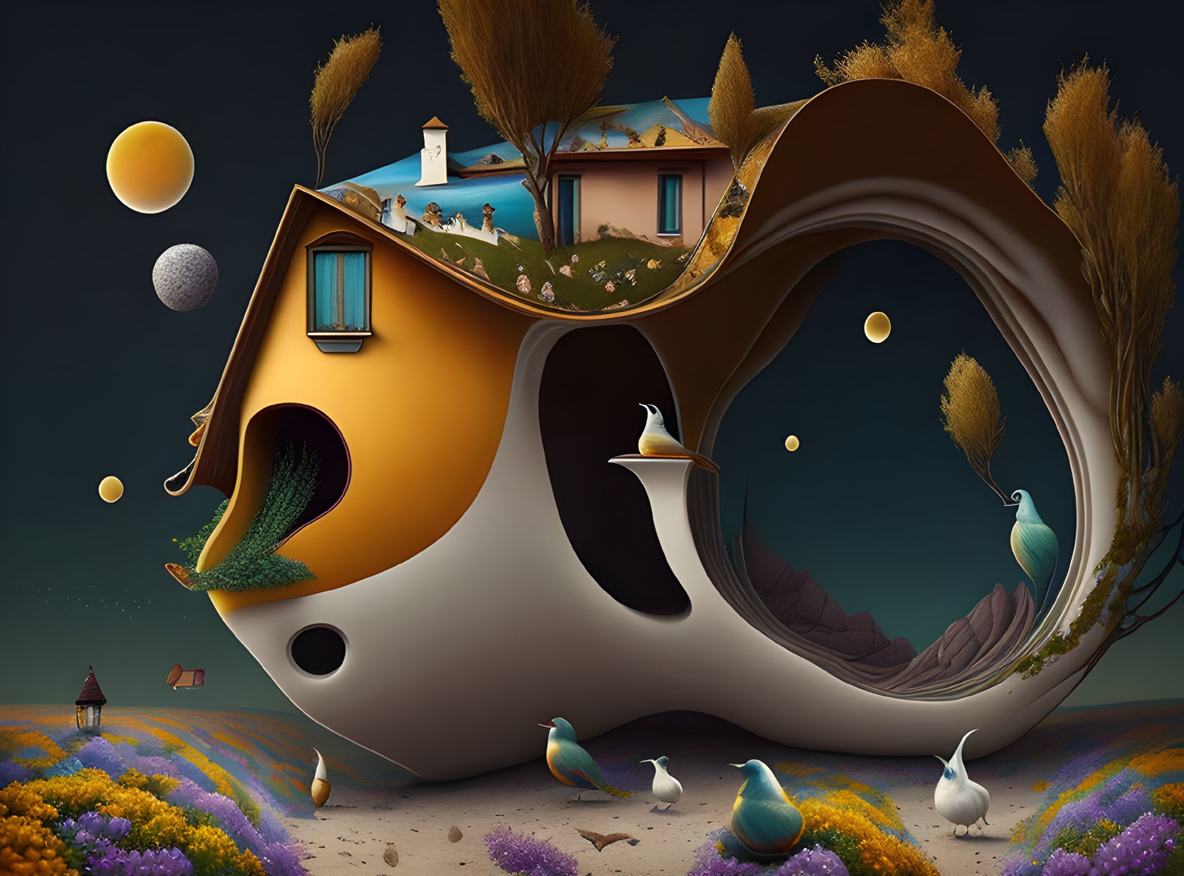 Surreal landscape with Möbius strip hill, floating orbs, whimsical trees, pear-shaped