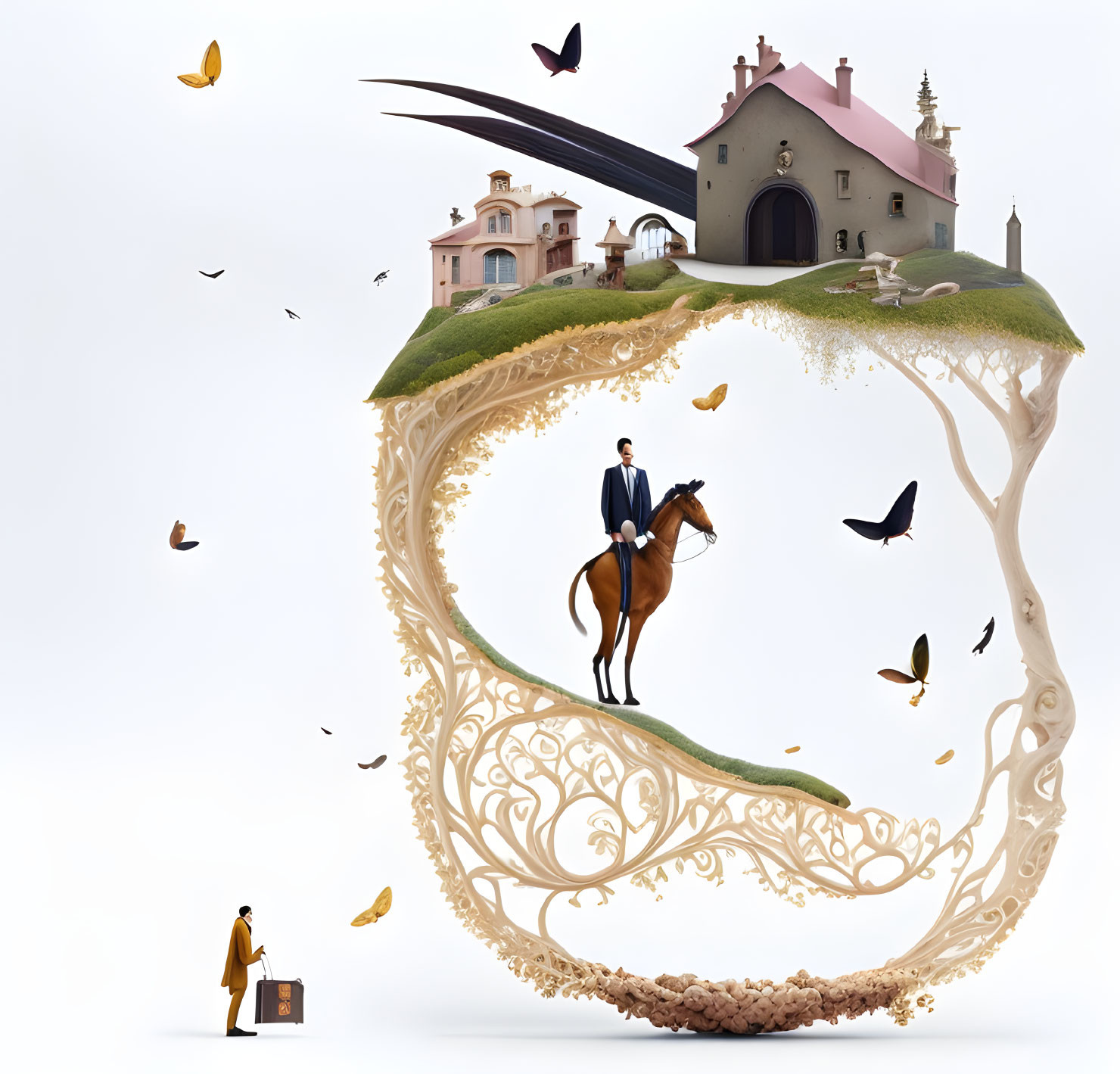 Surreal image of man on horse on spiraling ground with house and birds