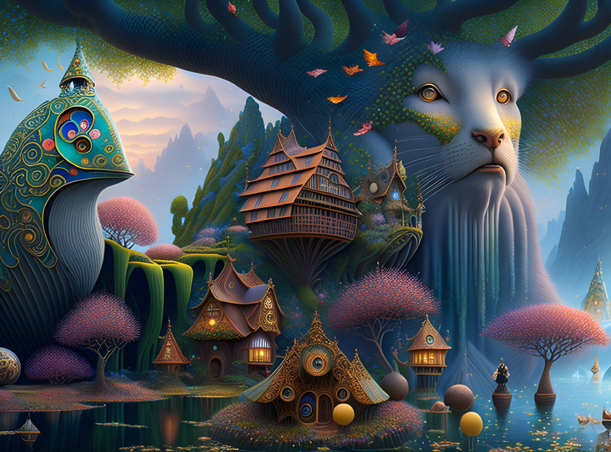 Whimsical landscape with colorful trees and giant cat with antlers