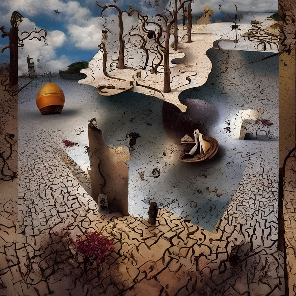 Surreal landscape with jigsaw puzzle ground, violin-shaped tree, boat, oversized shell, and