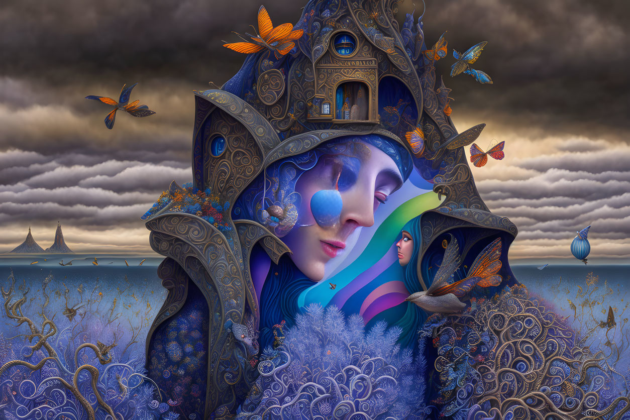 Colorful surreal illustration: intricate figure with house-like hat, butterflies, stormy sky