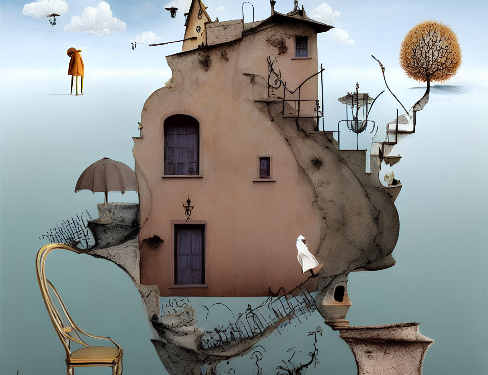 Whimsical face-shaped building with surreal elements