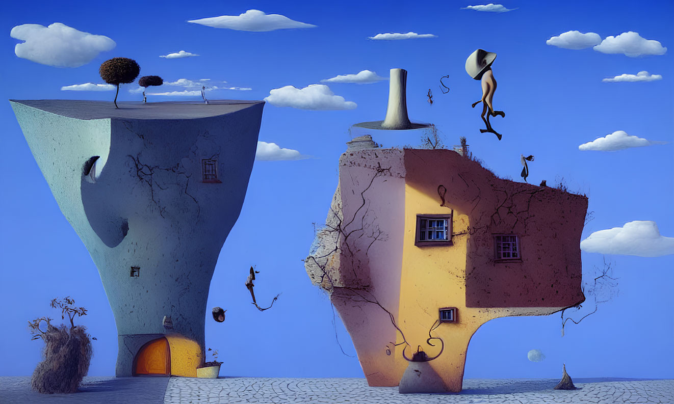 Surreal cone-shaped structures against blue sky with whimsical elements