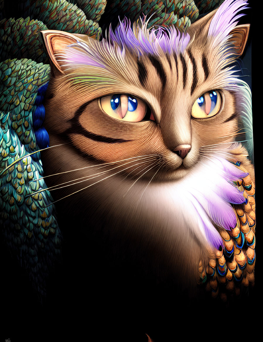 Detailed illustration of a cat with peacock-like feathers and amber eyes