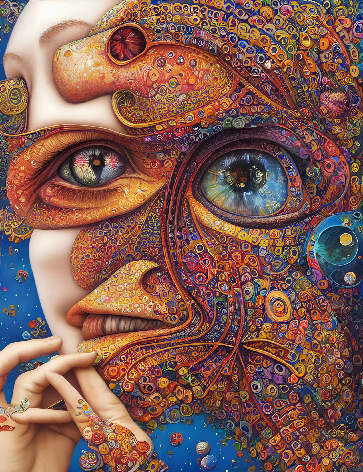 Detailed Surreal Portrait with Vibrant Colors and Patterns