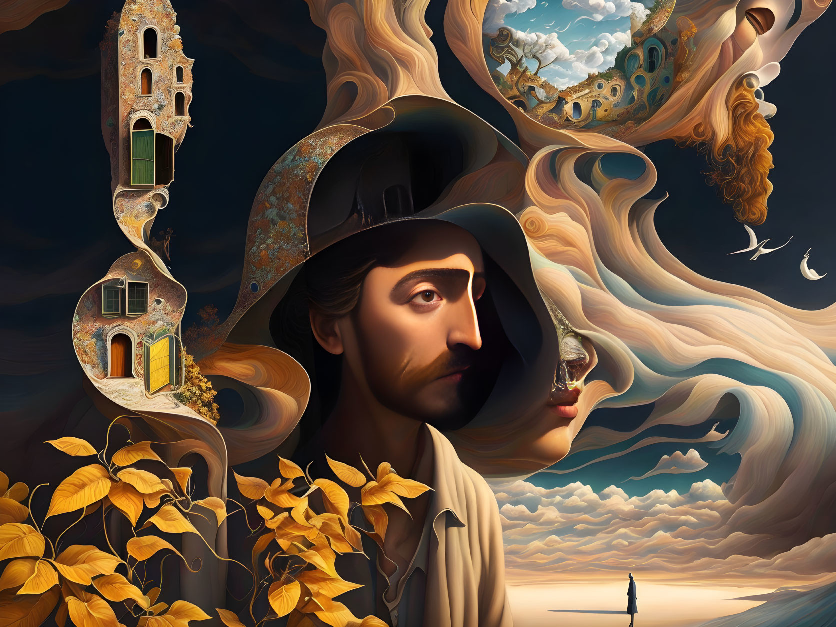 Surrealist portrait with man's face and dreamlike elements
