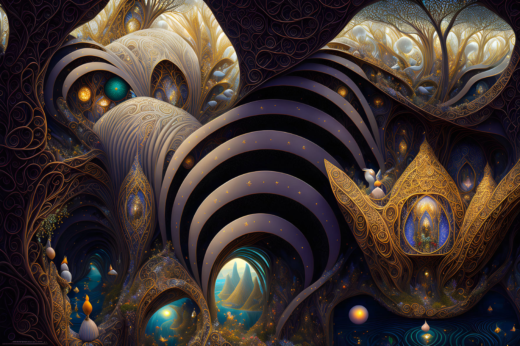 Symmetrical fractal image with architectural and organic forms in cosmic composition