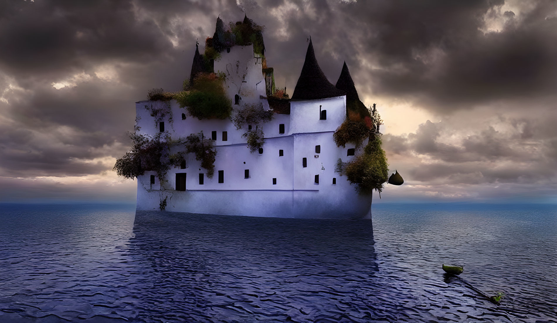 White Castle with Black Roofs Floating on Water in Surreal Dusk Scene