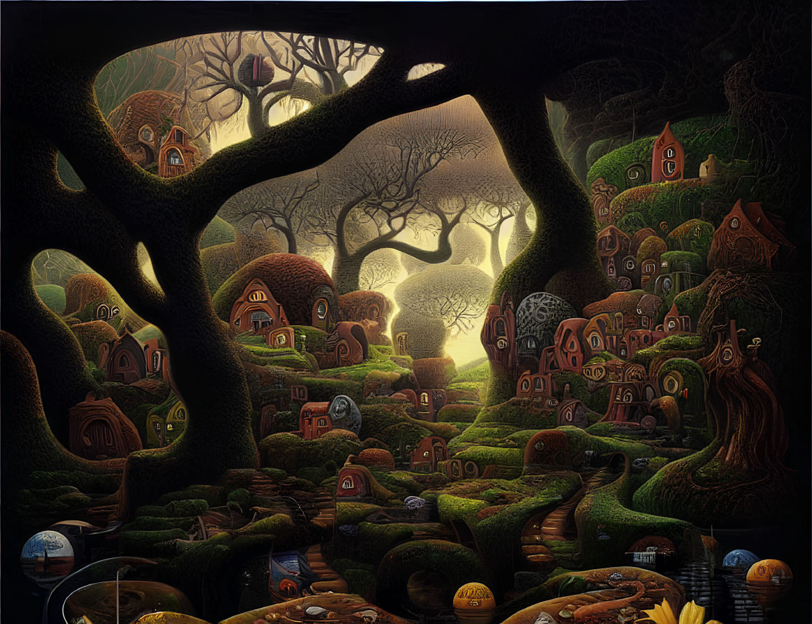 Whimsical forest scene with houses in gnarled trees