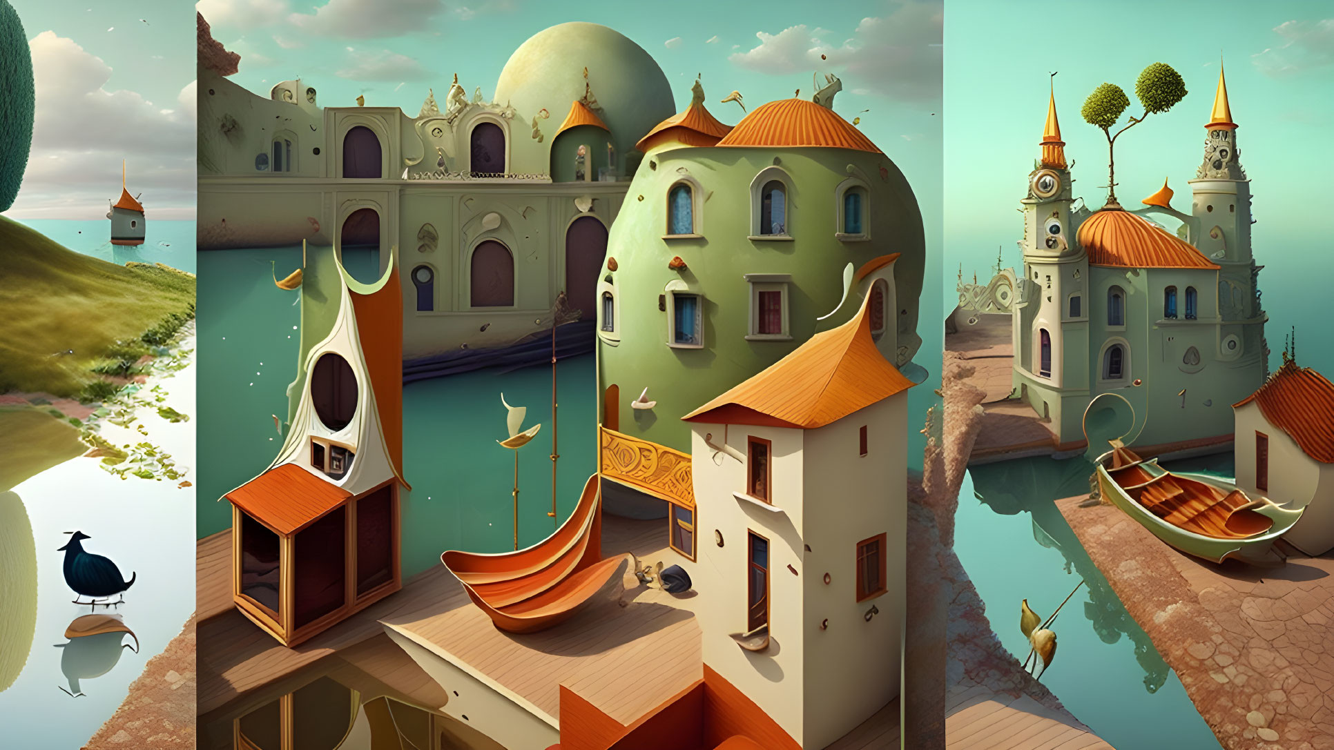 Fantastical digital art triptych of unique water buildings and boats