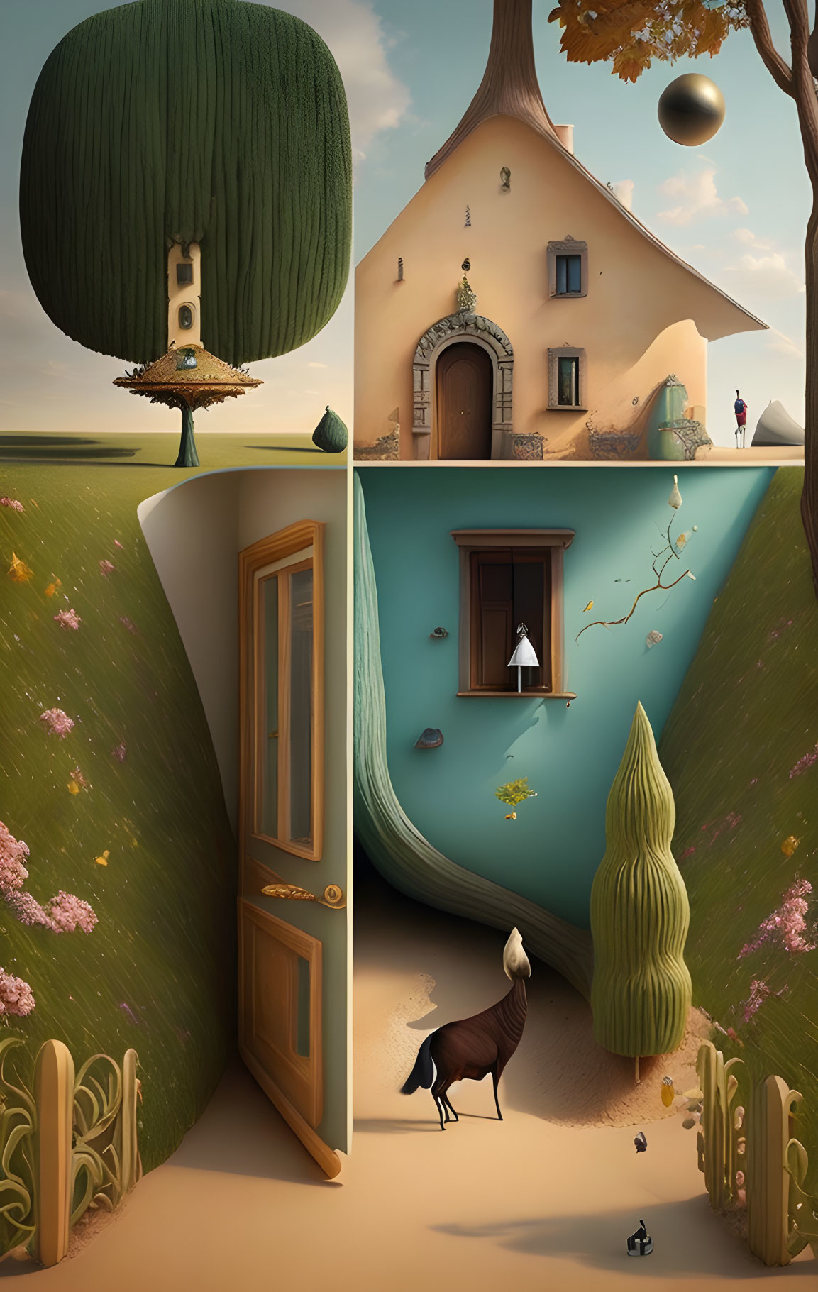 Surrealist landscape with inverted house, floating orb, tree doorway, and peeking horse